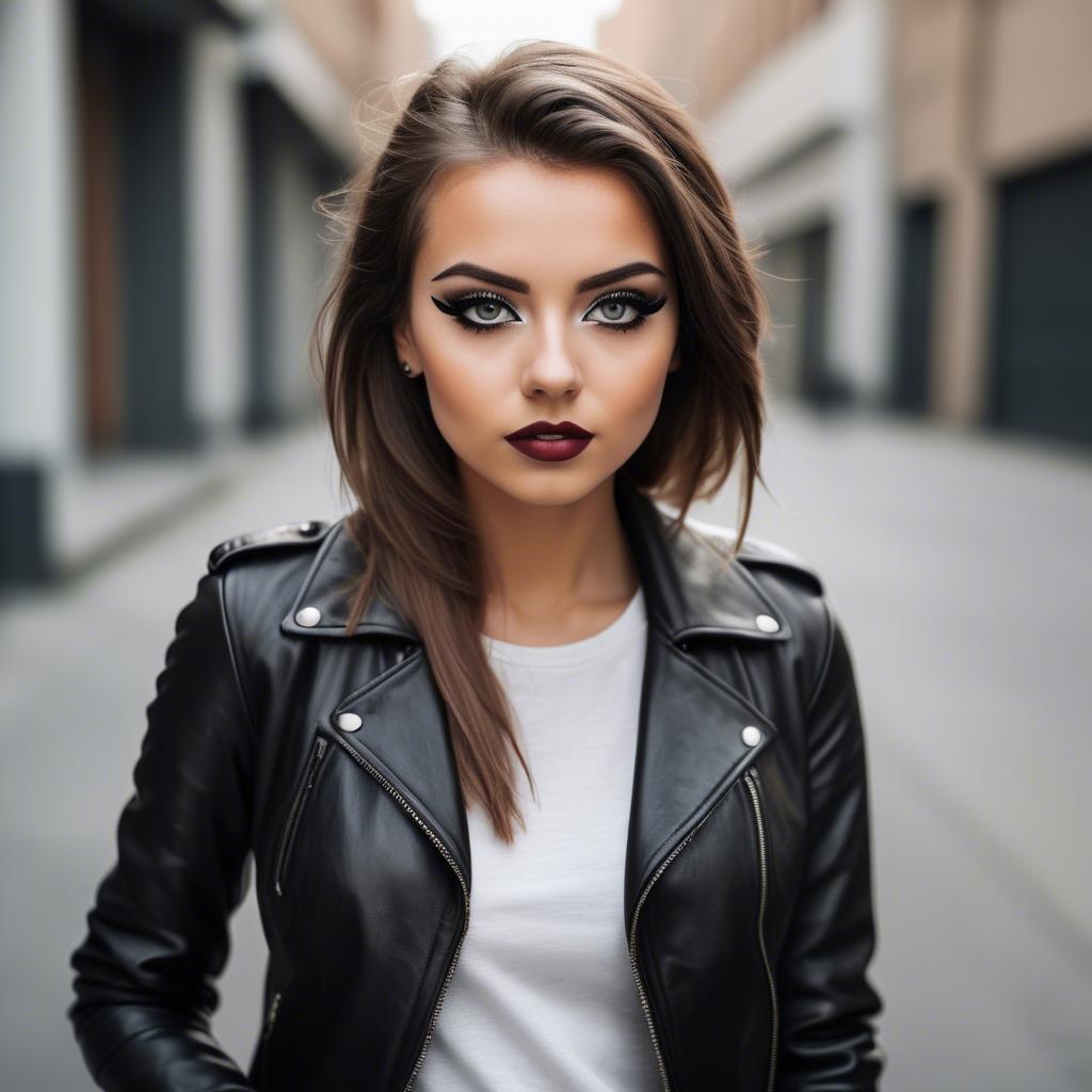 A stunning image of stylish girl in a leather jacket and bold eyeliner.