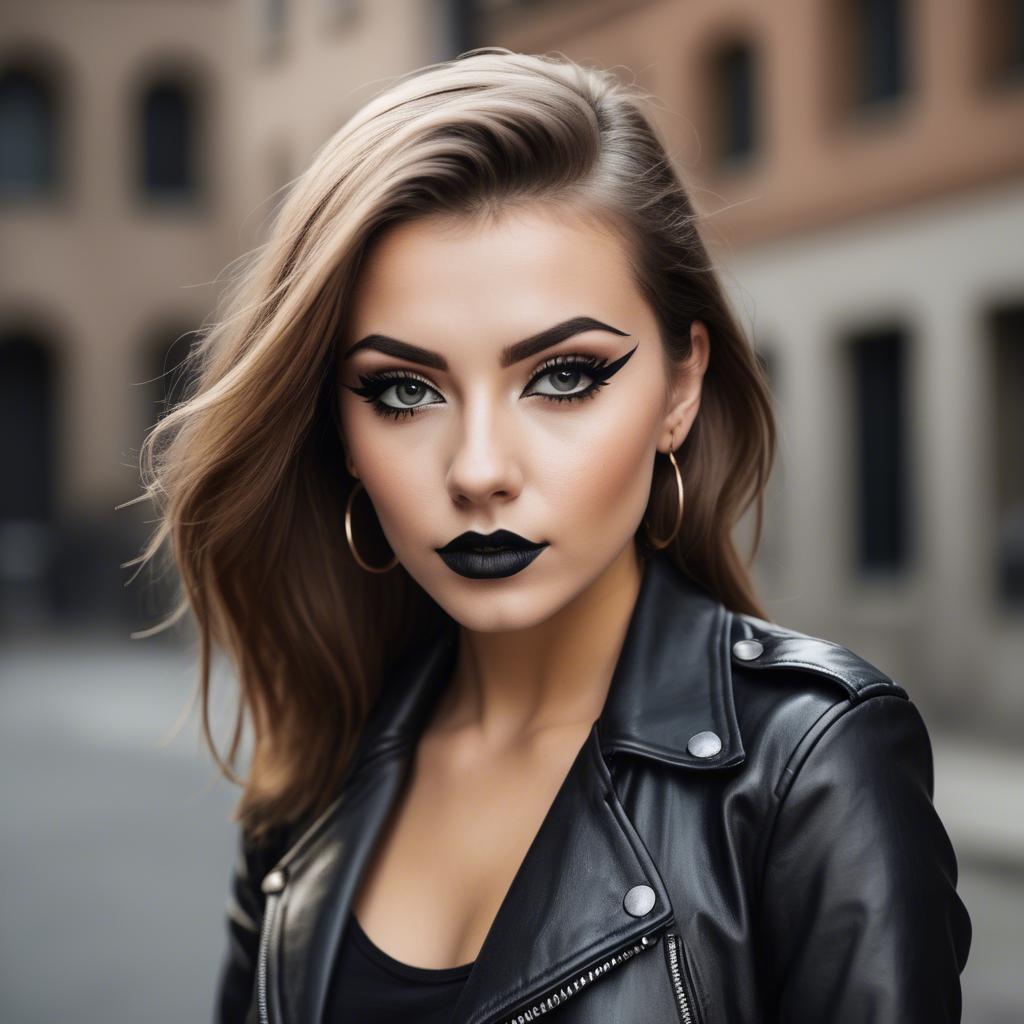 A stunning image of stylish girl in a leather jacket and bold eyeliner.