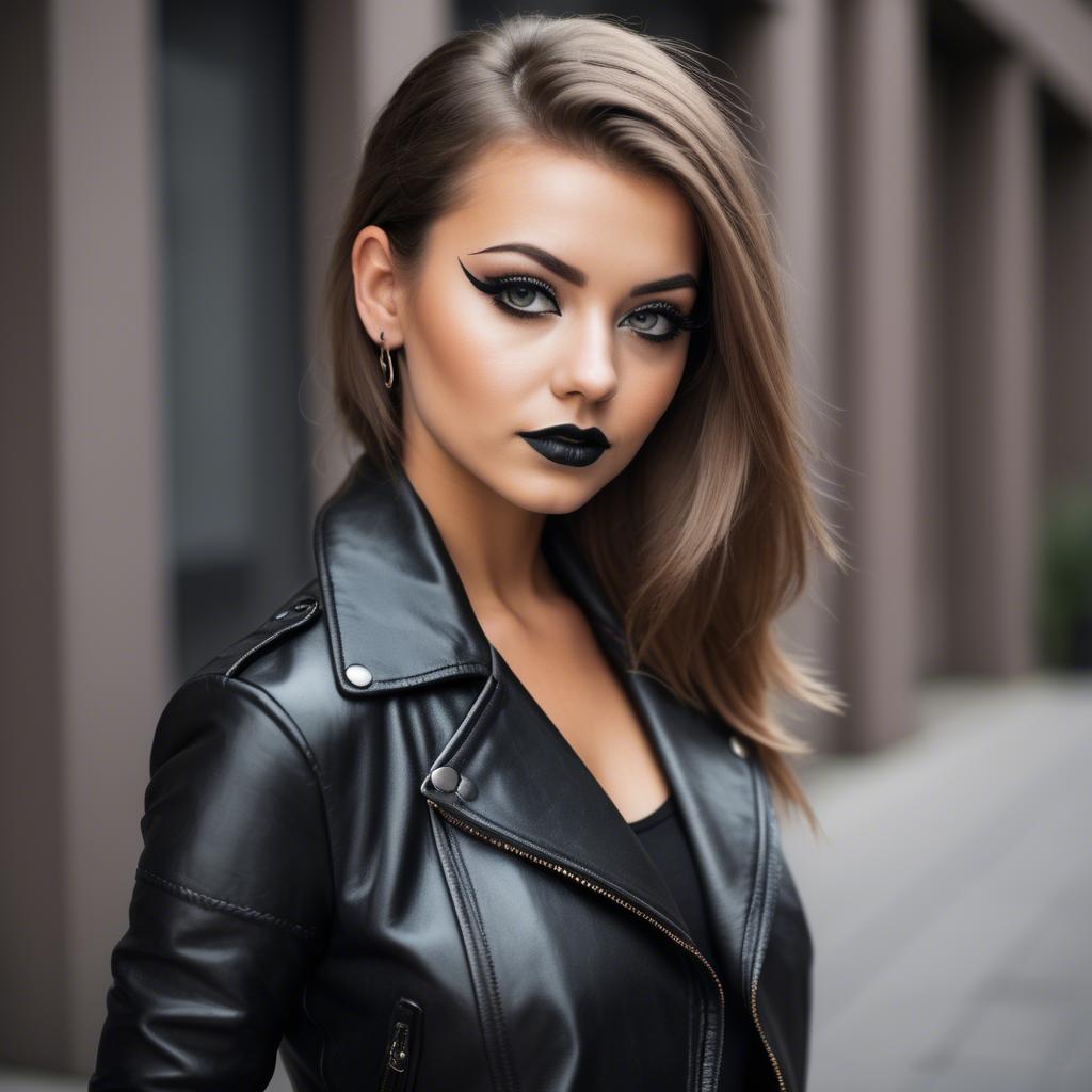 A stunning image of stylish girl in a leather jacket and bold eyeliner.