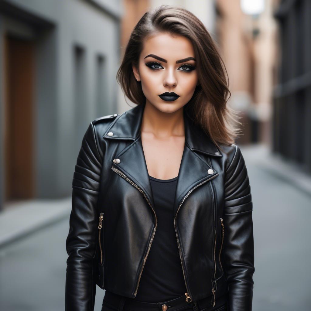 A stunning image of stylish girl in a leather jacket and bold eyeliner.