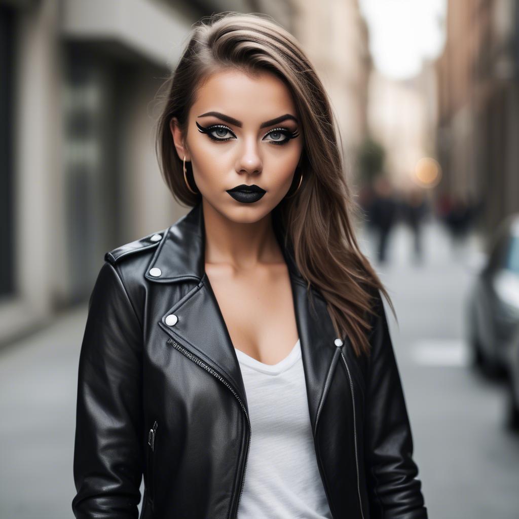 A stunning image of stylish girl in a leather jacket and bold eyeliner.