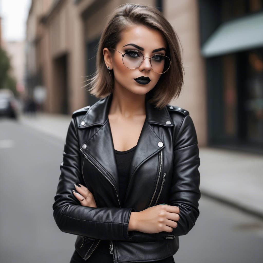 A stunning image of stylish girl in a leather jacket and bold eyeliner.