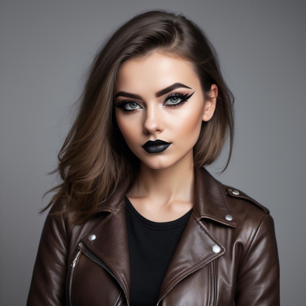 A stunning image of stylish girl in a leather jacket and bold eyeliner.