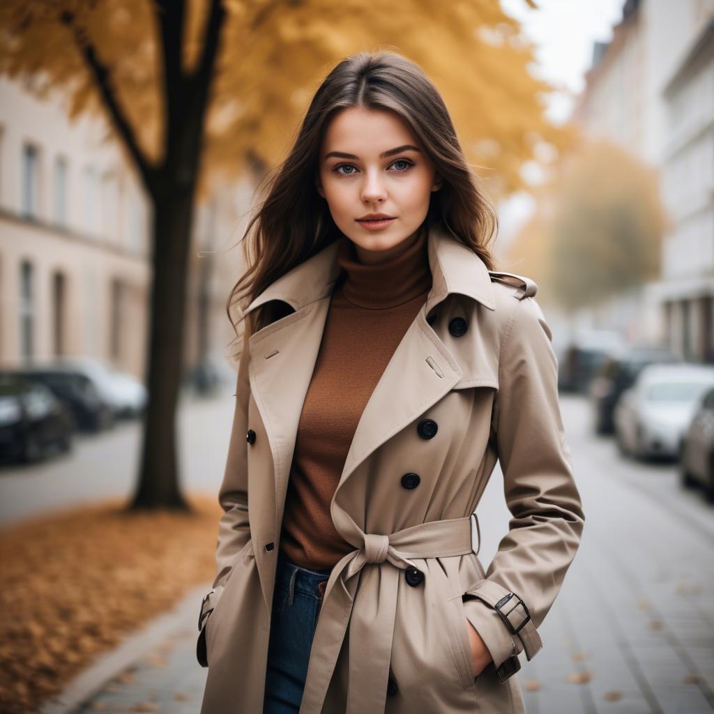 A stunning image of stylish girl in a trench coat during autumn.