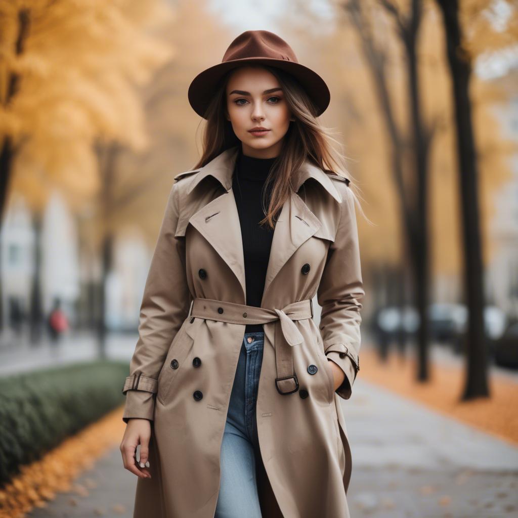 A stunning image of stylish girl in a trench coat during autumn.