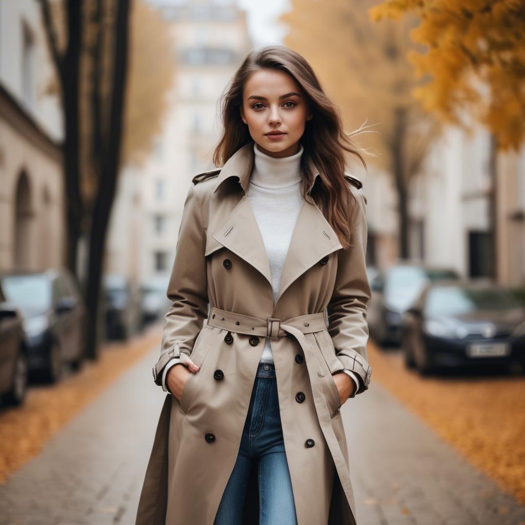 A stunning image of stylish girl in a trench coat during autumn.