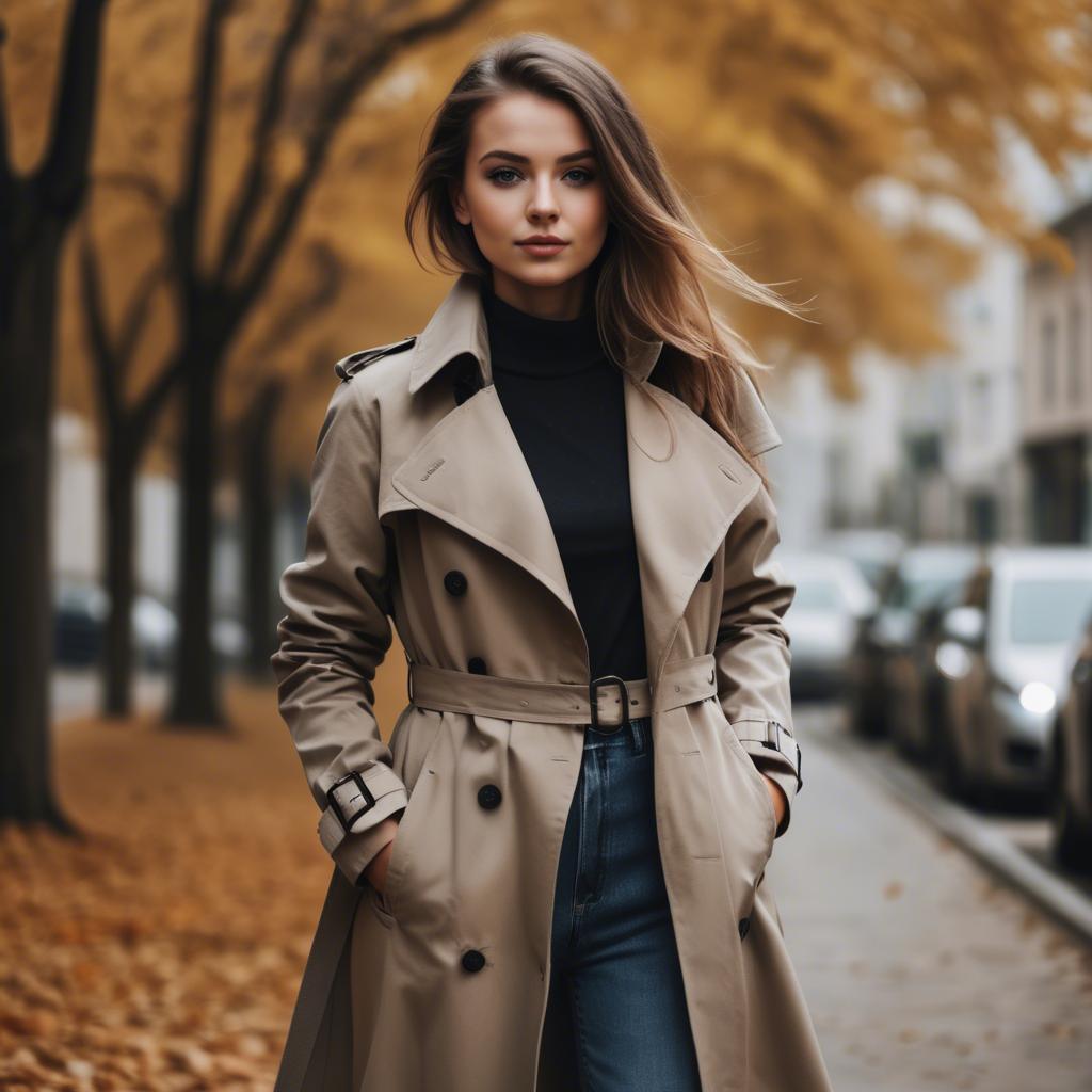 A stunning image of stylish girl in a trench coat during autumn.