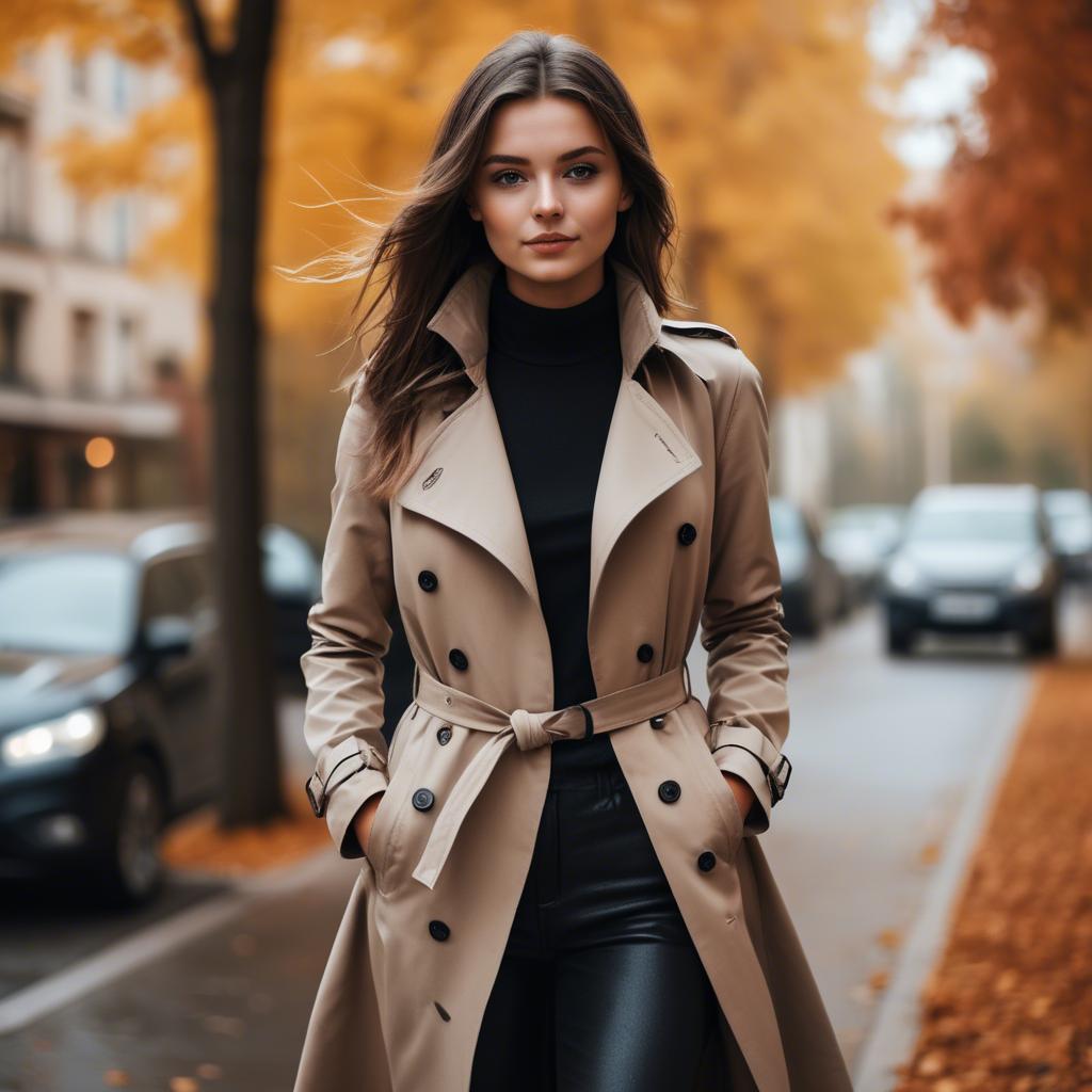 A stunning image of stylish girl in a trench coat during autumn.