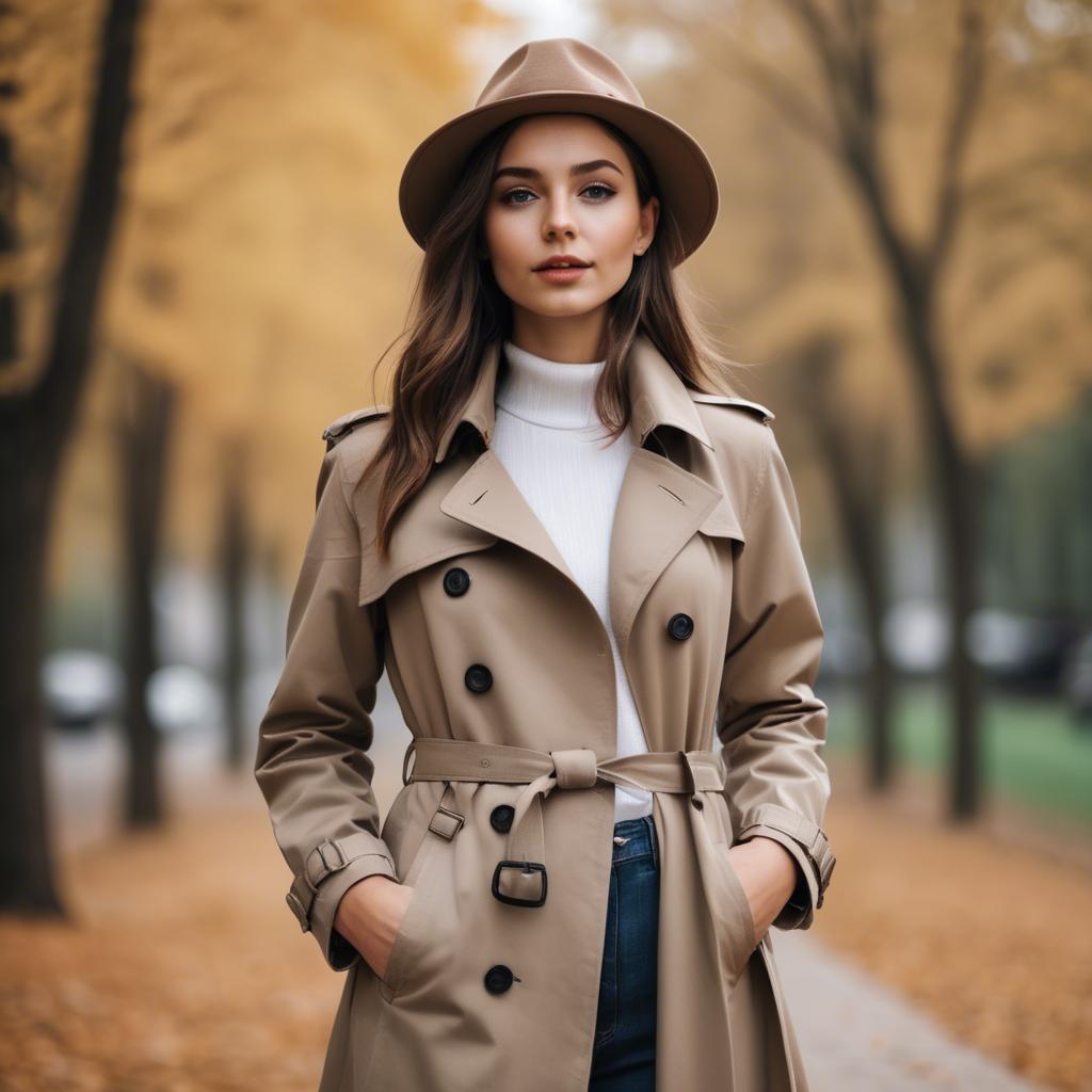 A stunning image of stylish girl in a trench coat during autumn.