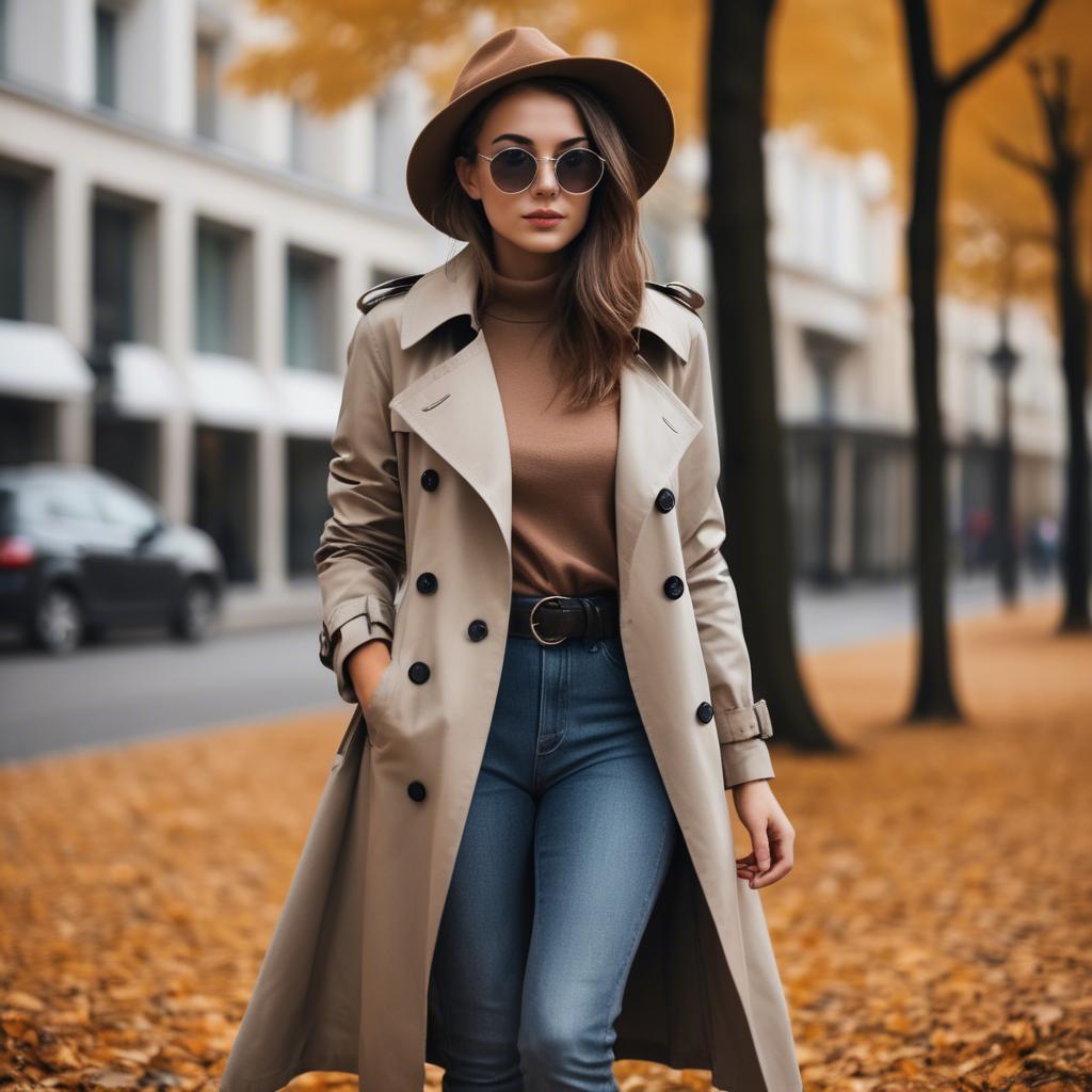 A stunning image of stylish girl in a trench coat during autumn.