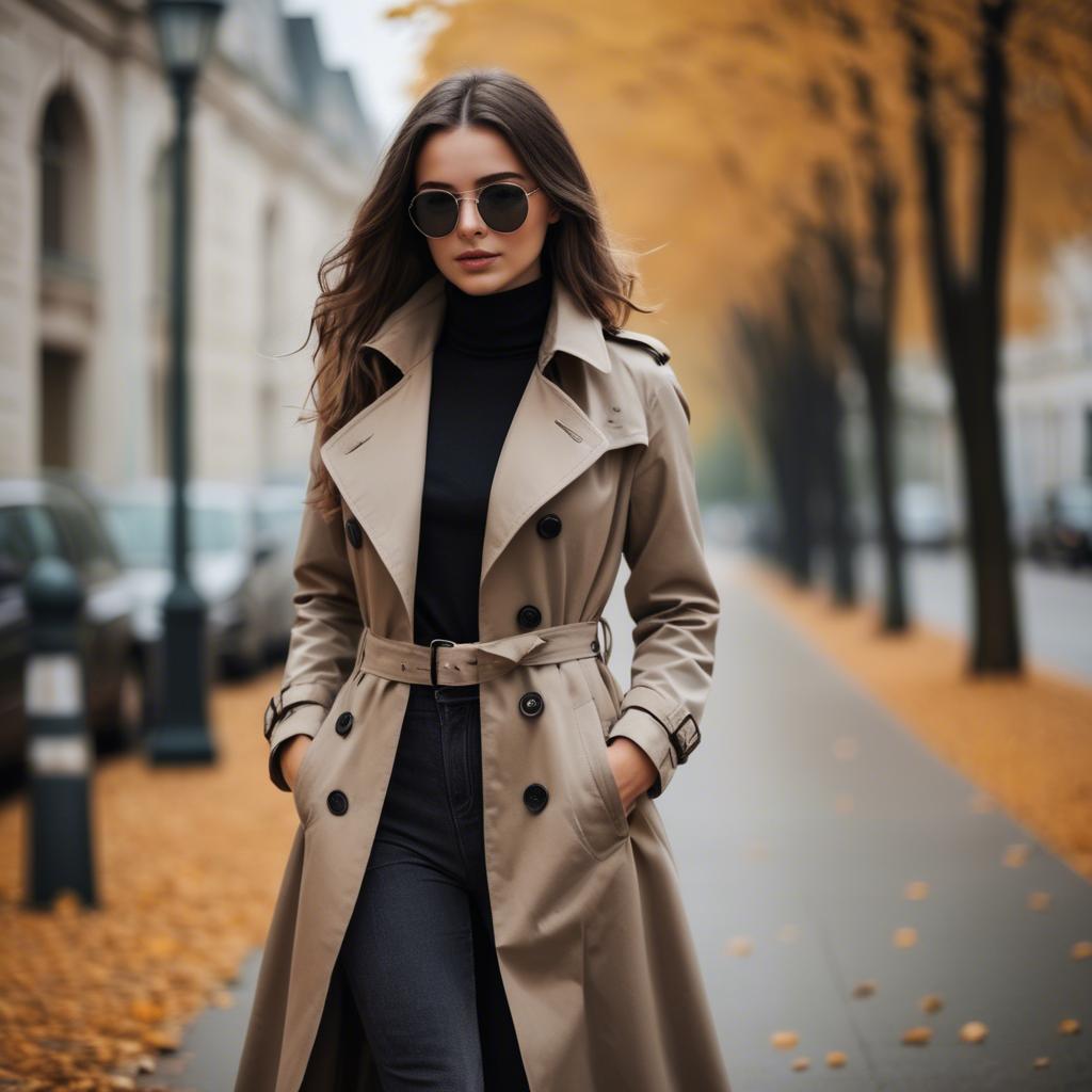A stunning image of stylish girl in a trench coat during autumn.