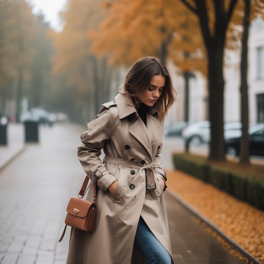 A stunning image of stylish girl in a trench coat during autumn.
