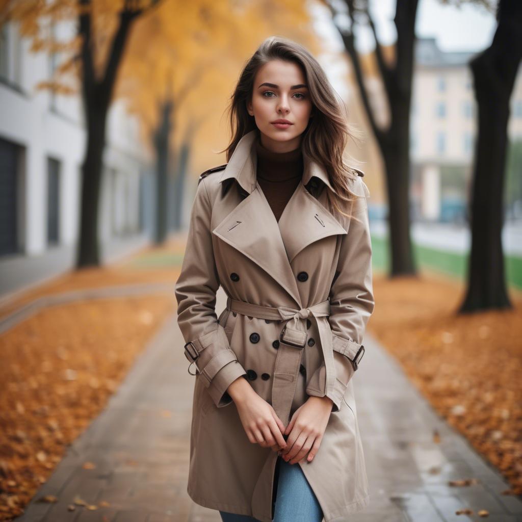 A stunning image of stylish girl in a trench coat during autumn.