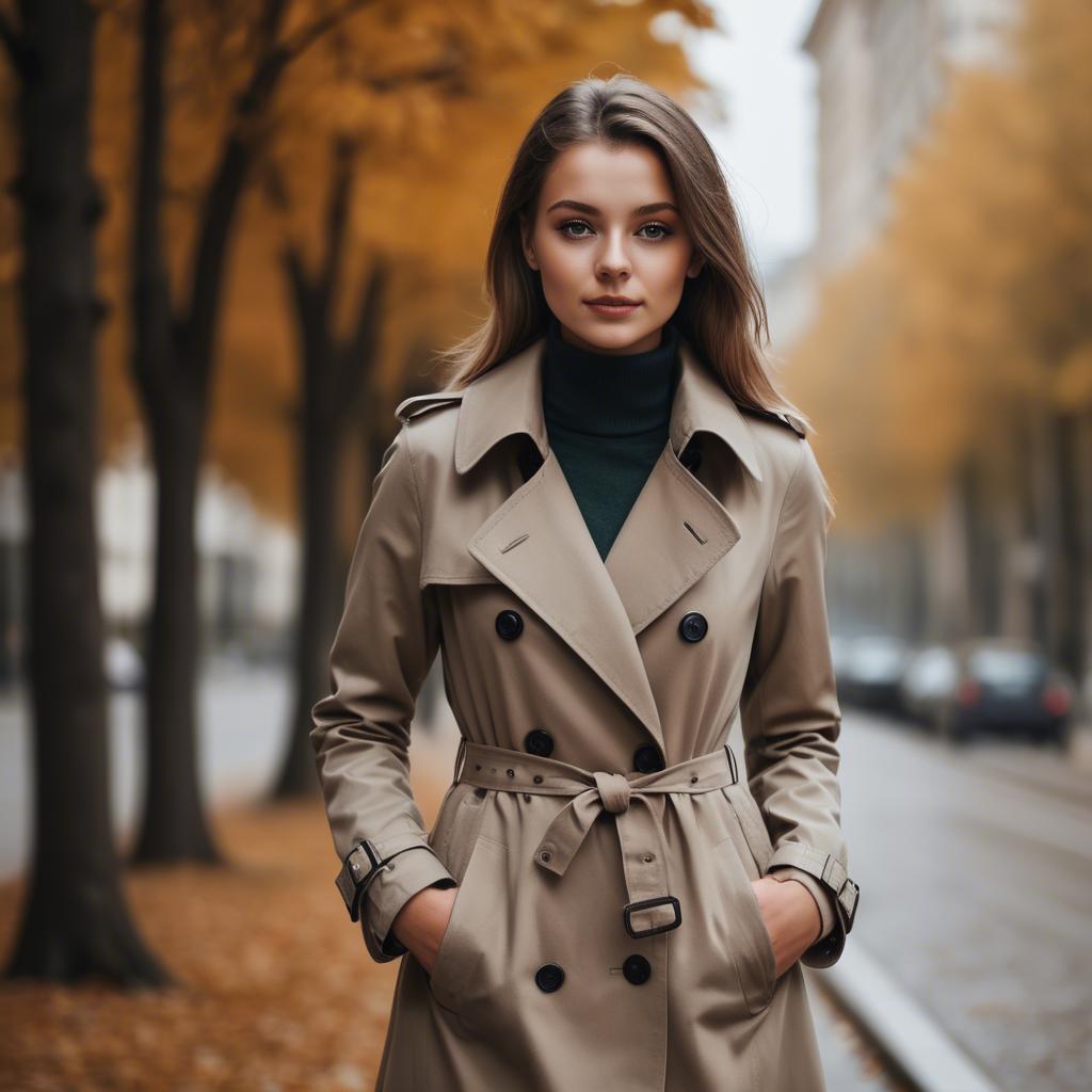 A stunning image of stylish girl in a trench coat during autumn.