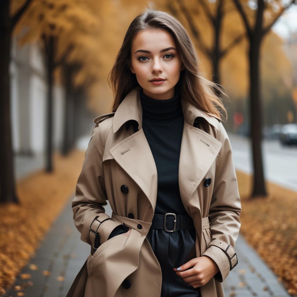 A stunning image of stylish girl in a trench coat during autumn.