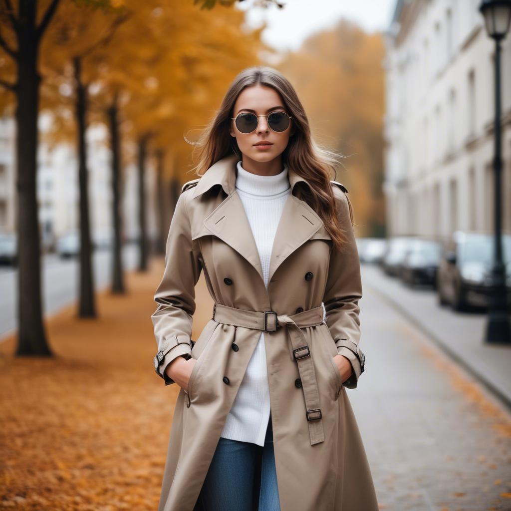 A stunning image of stylish girl in a trench coat during autumn.
