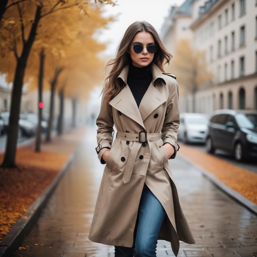 A stunning image of stylish girl in a trench coat during autumn.