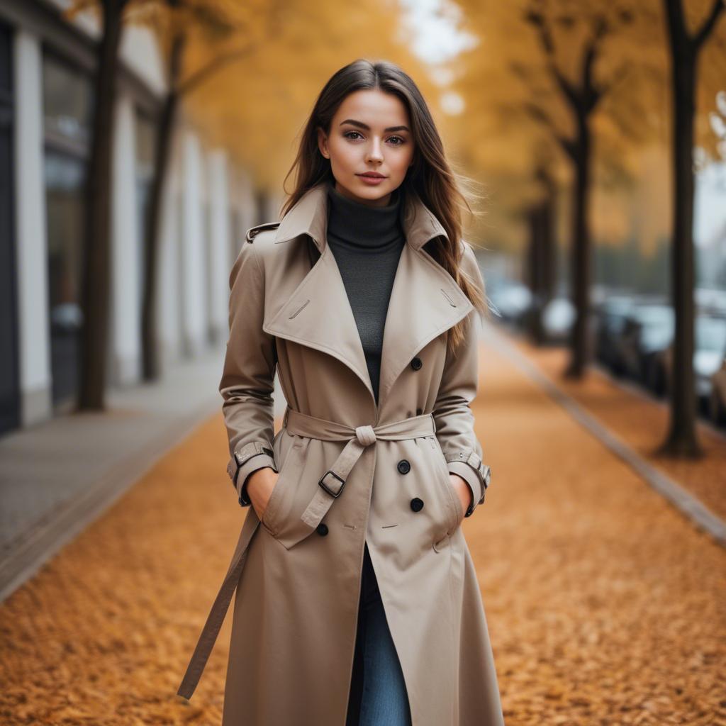 A stunning image of stylish girl in a trench coat during autumn.
