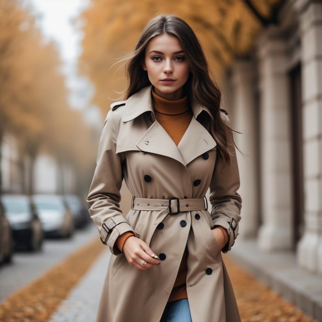 A stunning image of stylish girl in a trench coat during autumn.