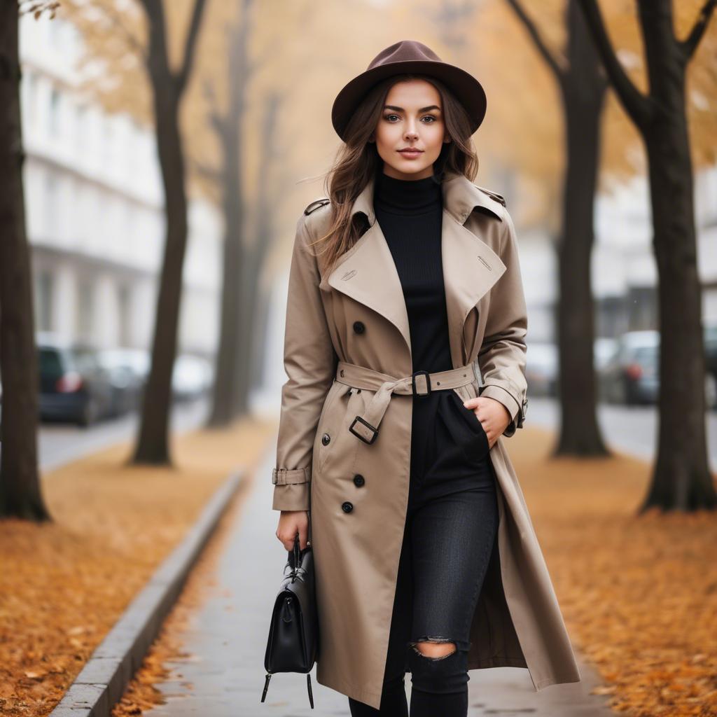 A stunning image of stylish girl in a trench coat during autumn.