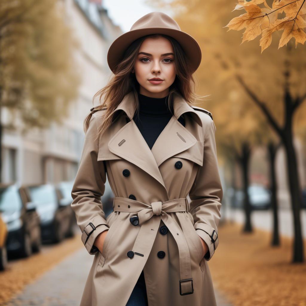 A stunning image of stylish girl in a trench coat during autumn.