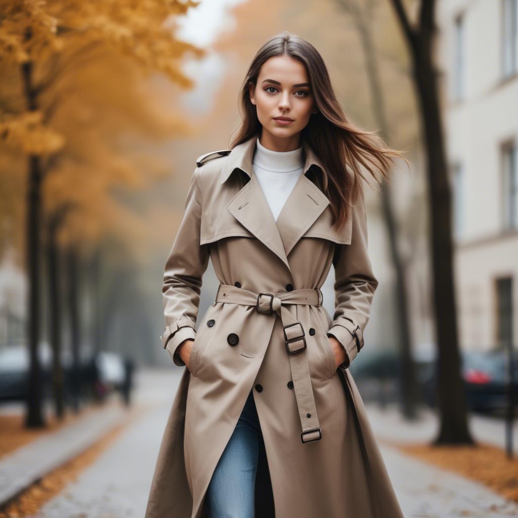 A stunning image of stylish girl in a trench coat during autumn.