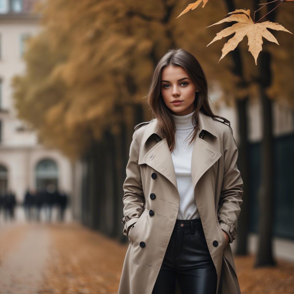 A stunning image of stylish girl in a trench coat during autumn.