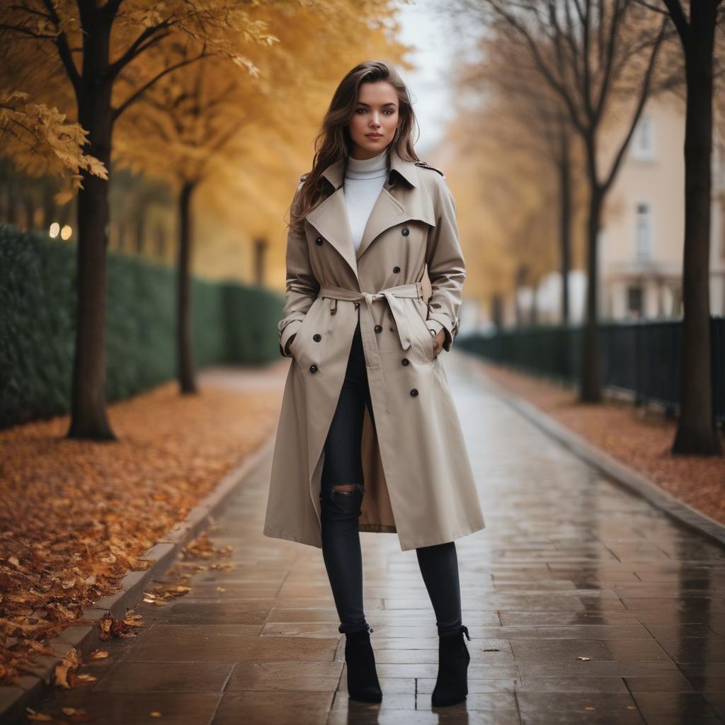 A stunning image of stylish girl in a trench coat during autumn.