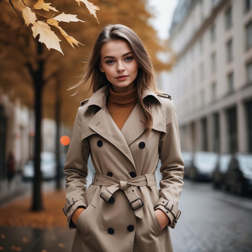 A stunning image of stylish girl in a trench coat during autumn.