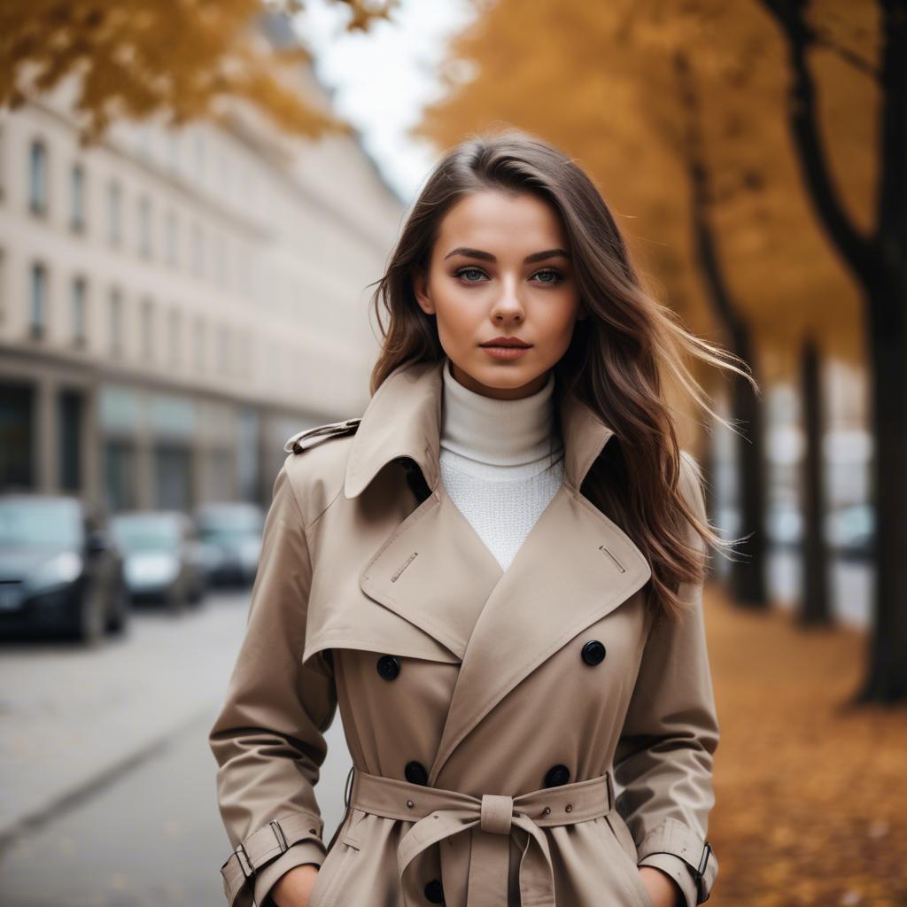 A stunning image of stylish girl in a trench coat during autumn.