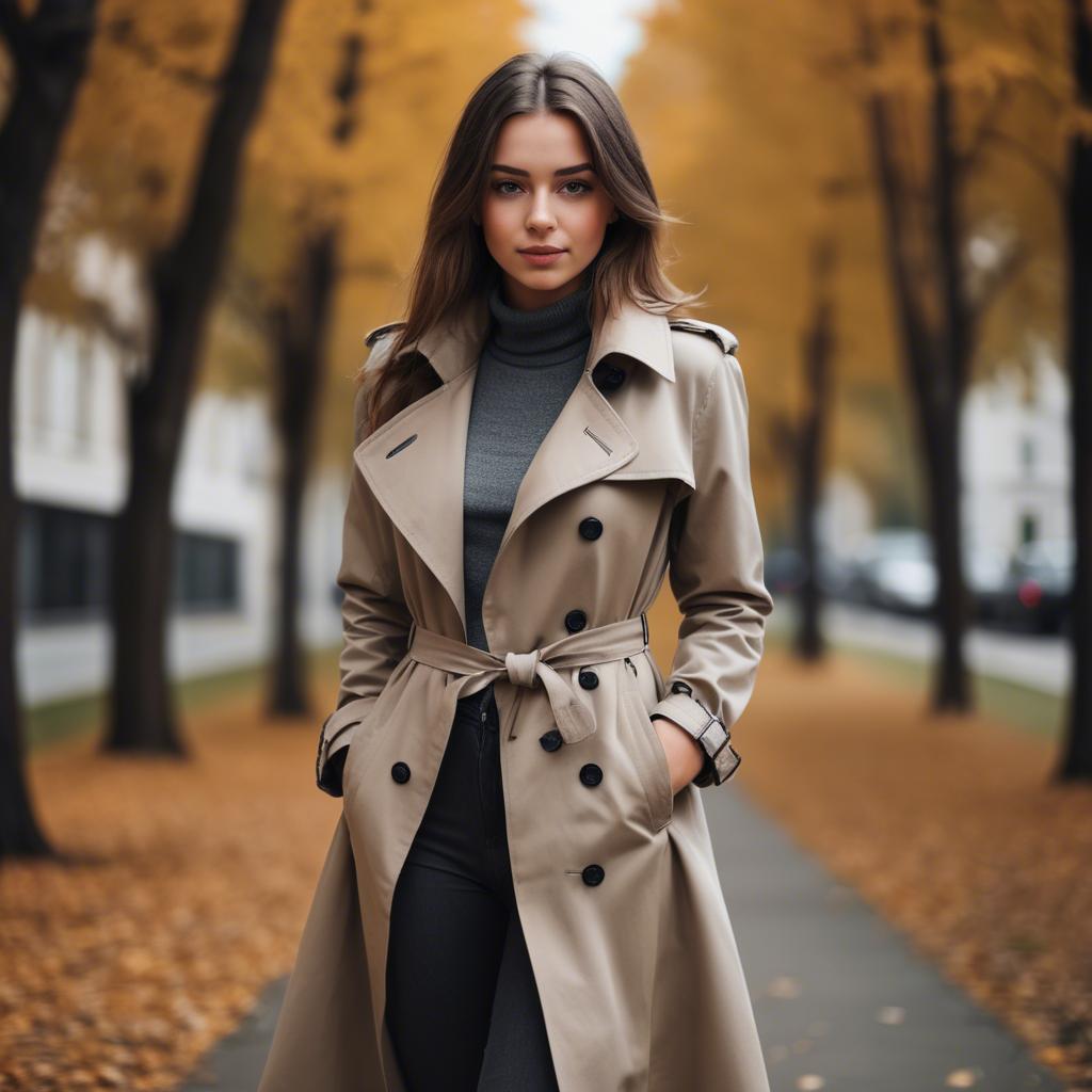 A stunning image of stylish girl in a trench coat during autumn.