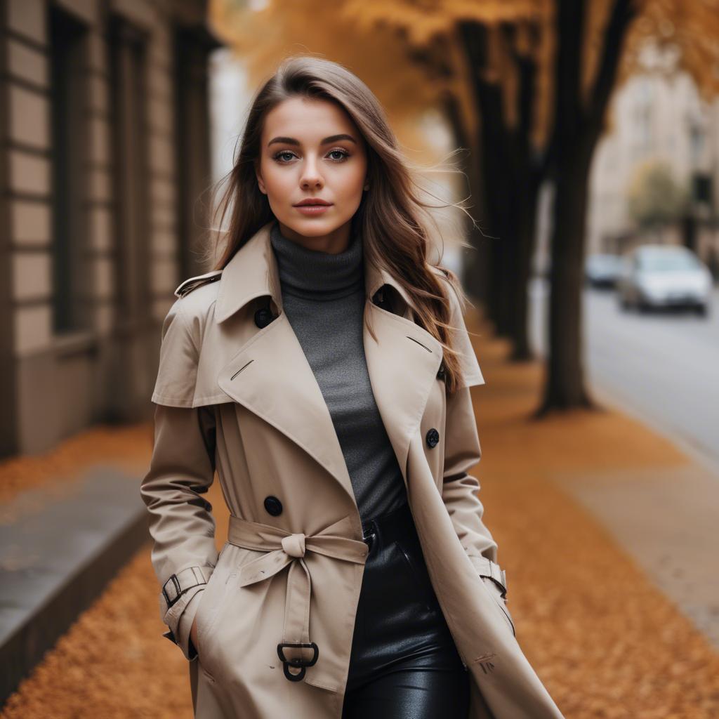 A stunning image of stylish girl in a trench coat during autumn.