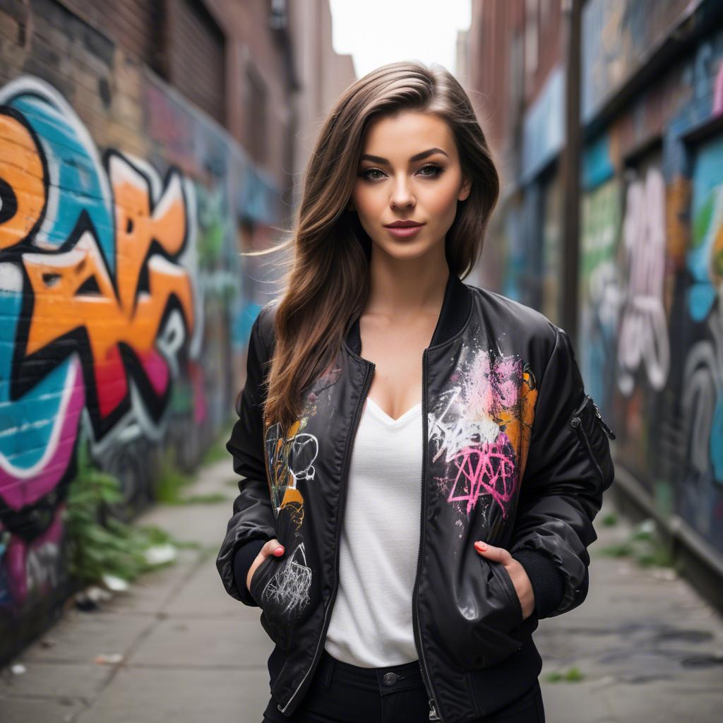 A stunning image of stylish girl with a bomber jacket in a graffiti alley.