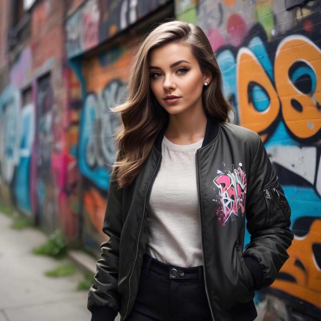 A stunning image of stylish girl with a bomber jacket in a graffiti alley.