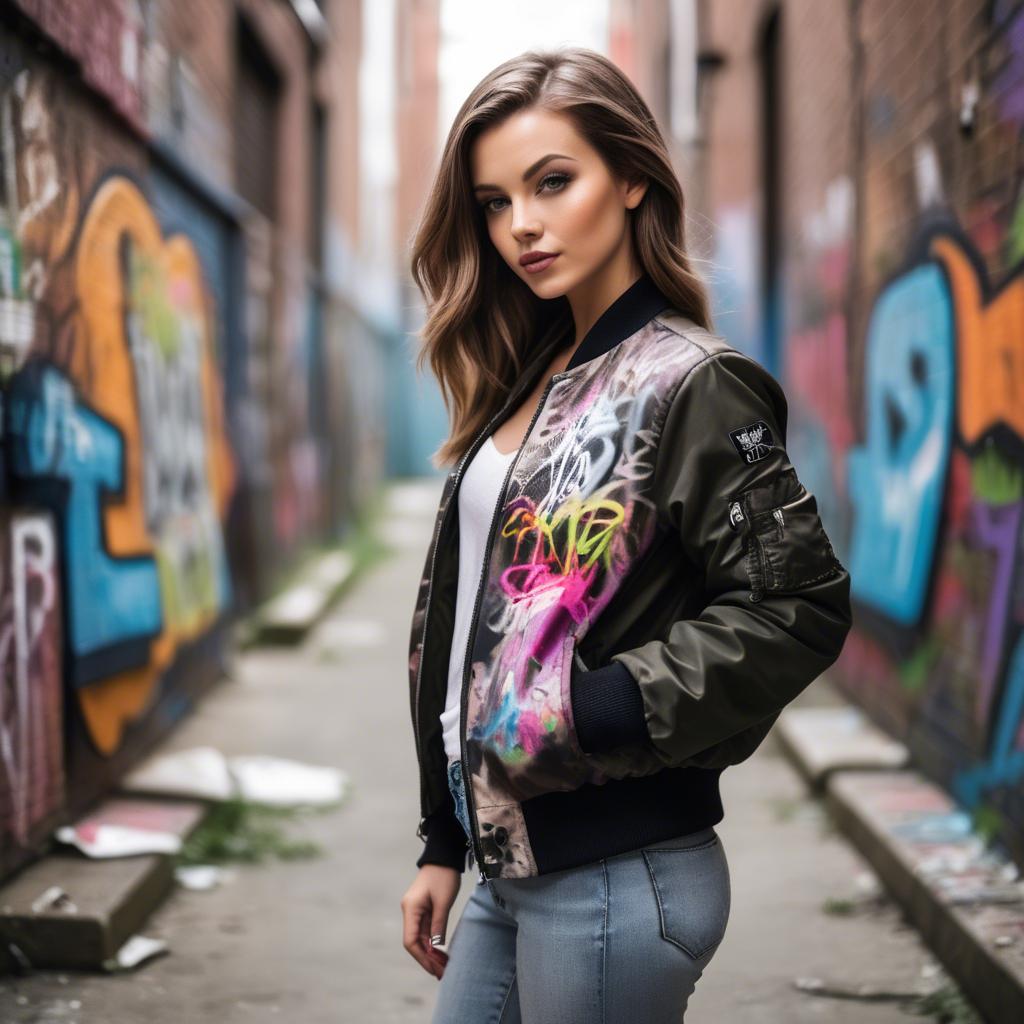 A stunning image of stylish girl with a bomber jacket in a graffiti alley.
