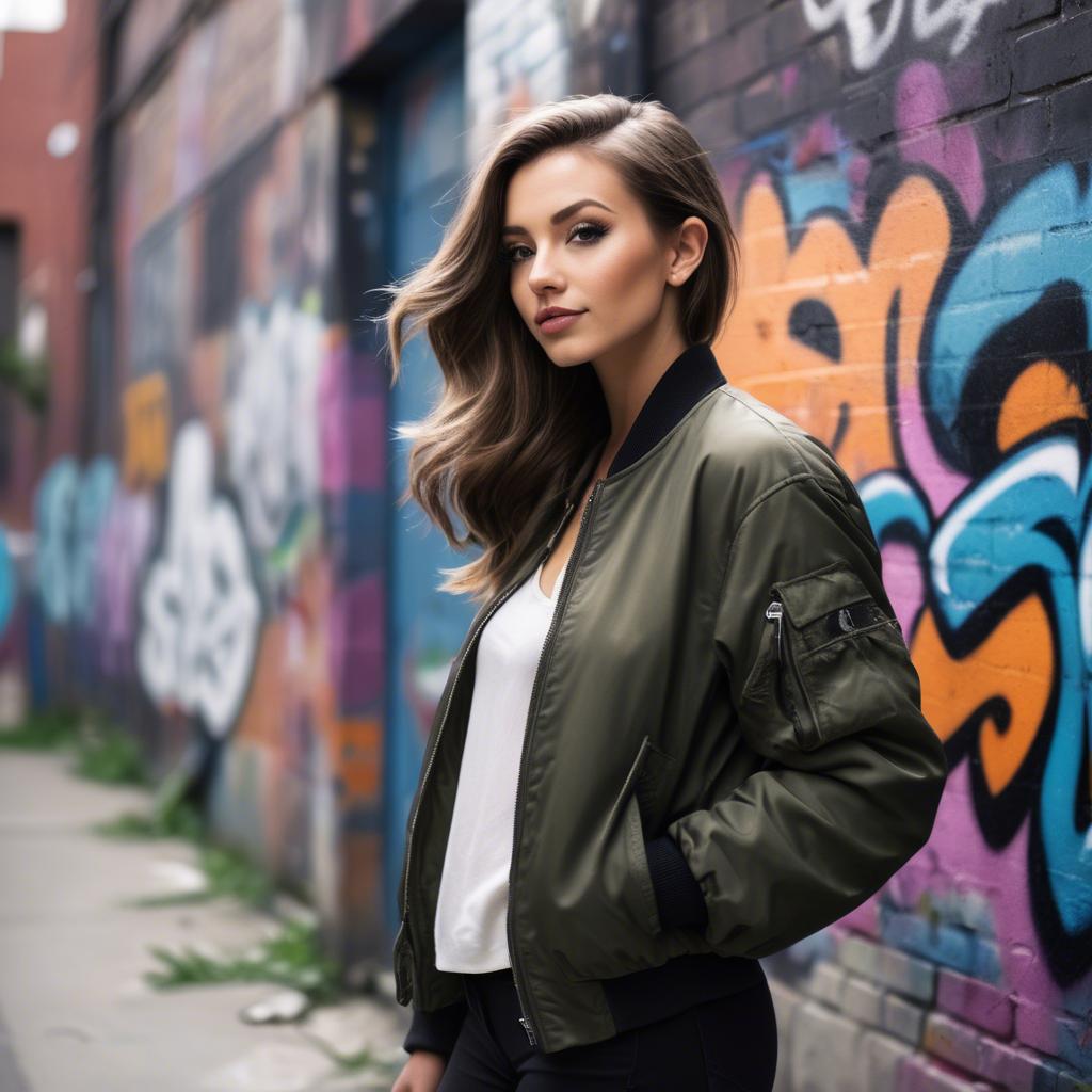 A stunning image of stylish girl with a bomber jacket in a graffiti alley.