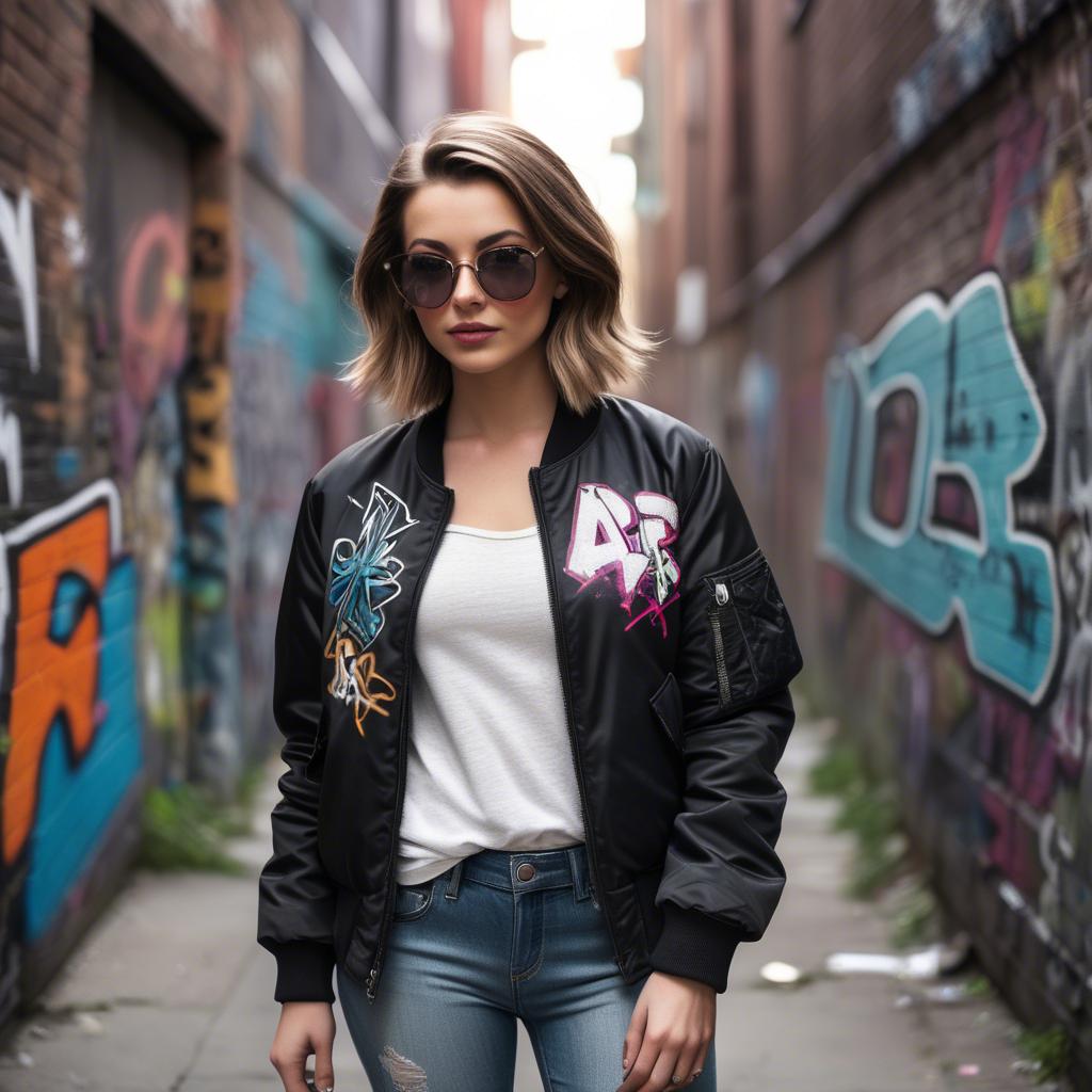 A stunning image of stylish girl with a bomber jacket in a graffiti alley.