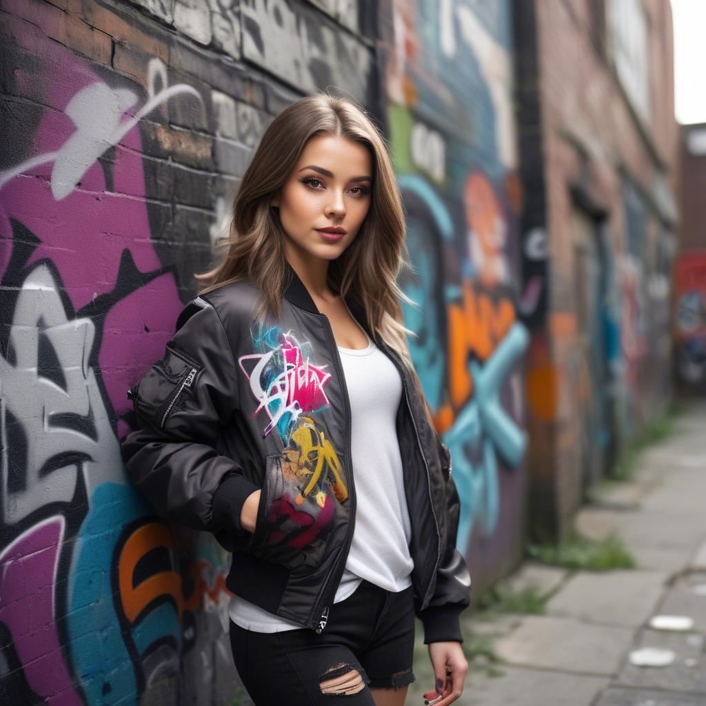 A stunning image of stylish girl with a bomber jacket in a graffiti alley.