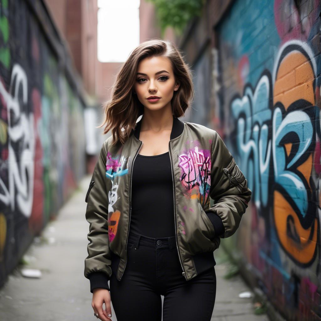 A stunning image of stylish girl with a bomber jacket in a graffiti alley.