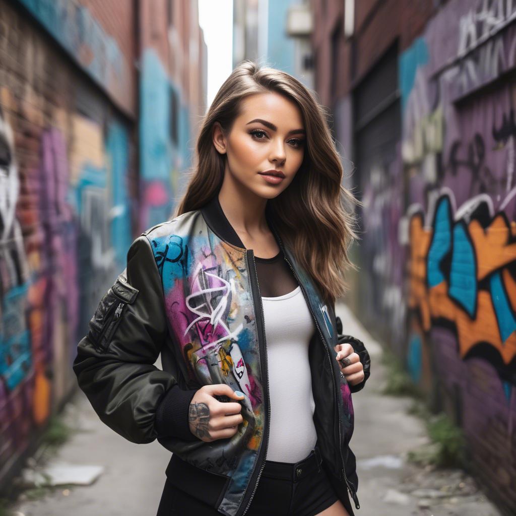 A stunning image of stylish girl with a bomber jacket in a graffiti alley.