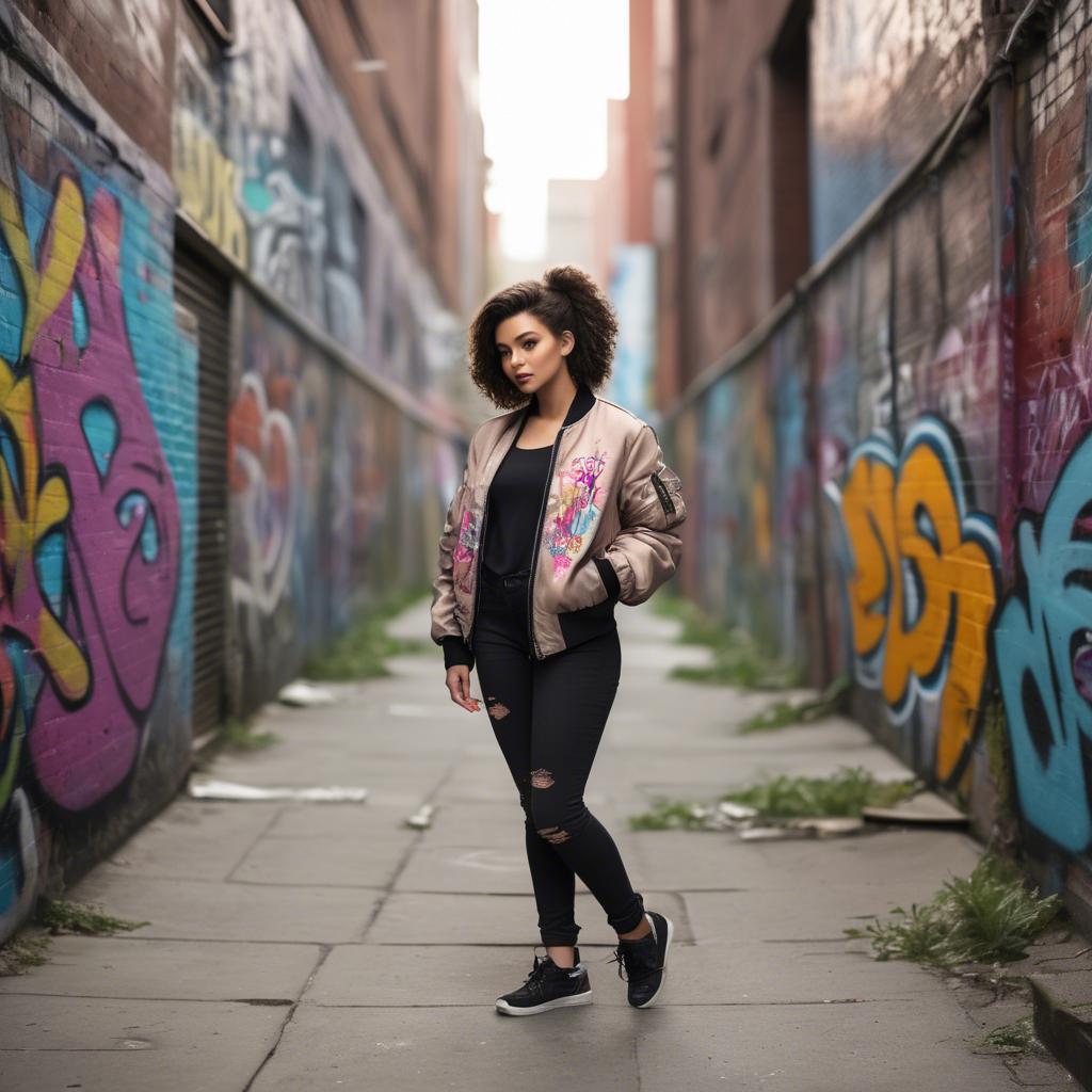 A stunning image of stylish girl with a bomber jacket in a graffiti alley.