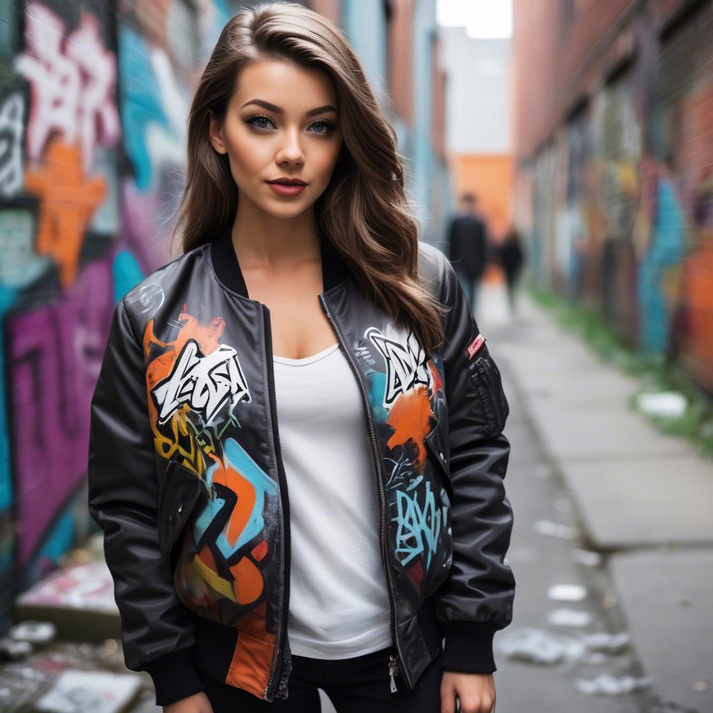 A stunning image of stylish girl with a bomber jacket in a graffiti alley.