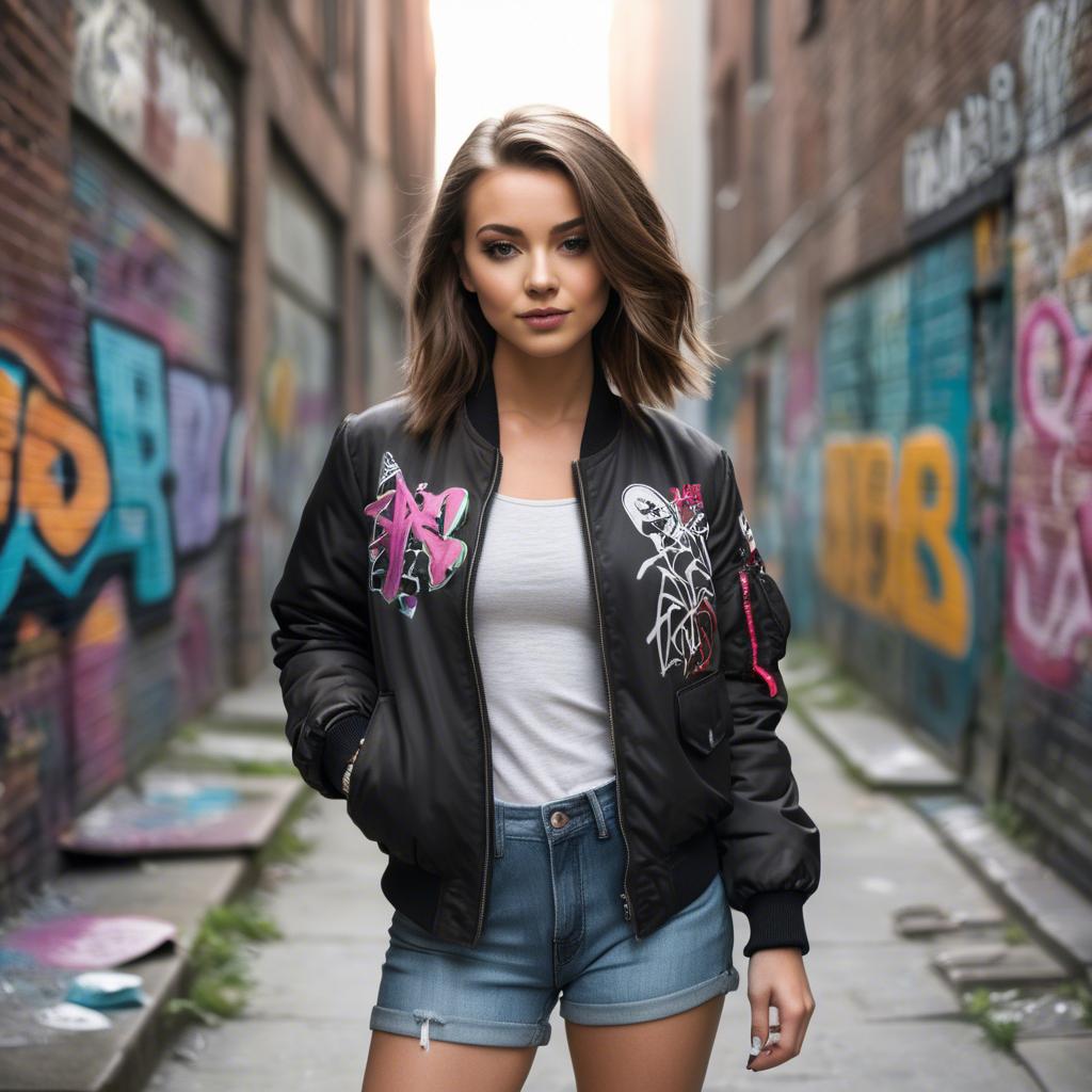 A stunning image of stylish girl with a bomber jacket in a graffiti alley.