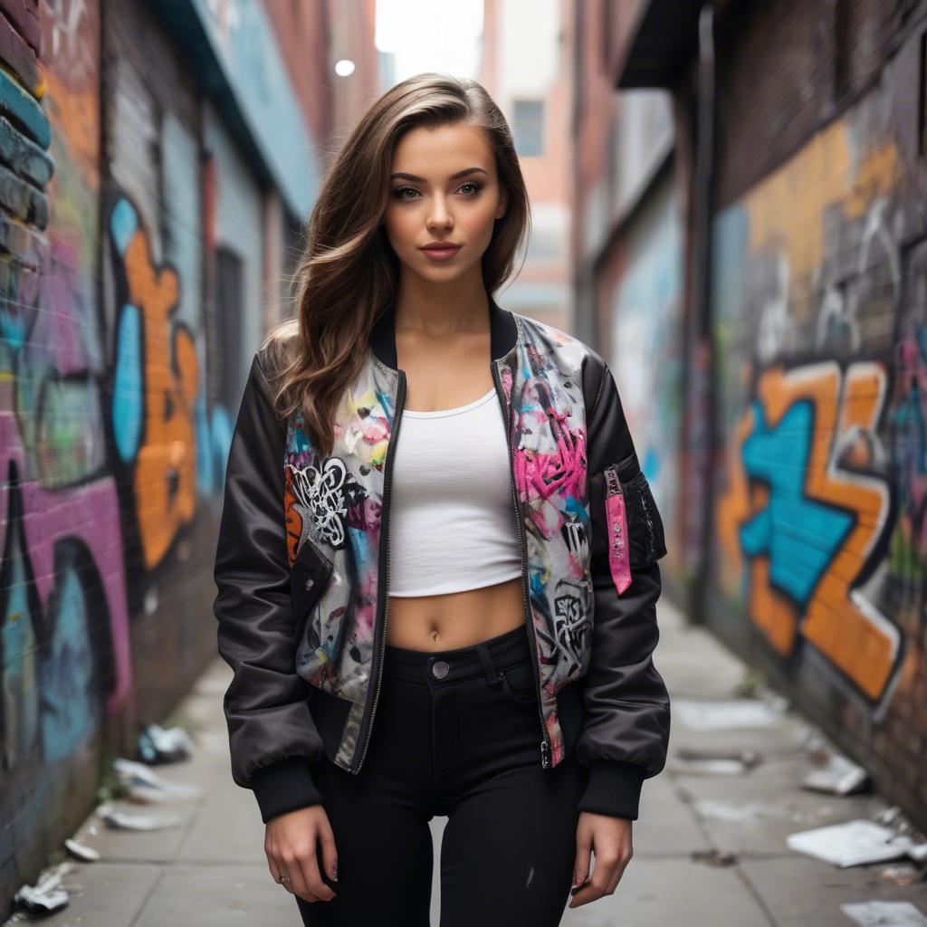 A stunning image of stylish girl with a bomber jacket in a graffiti alley.