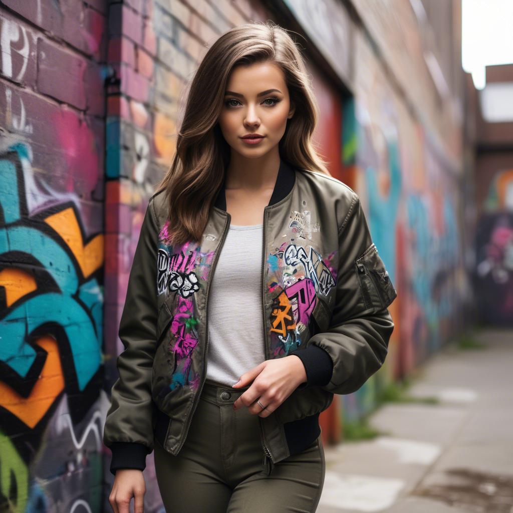 A stunning image of stylish girl with a bomber jacket in a graffiti alley.