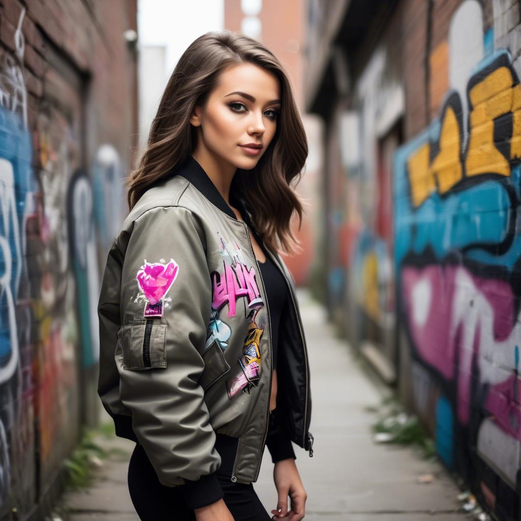 A stunning image of stylish girl with a bomber jacket in a graffiti alley.
