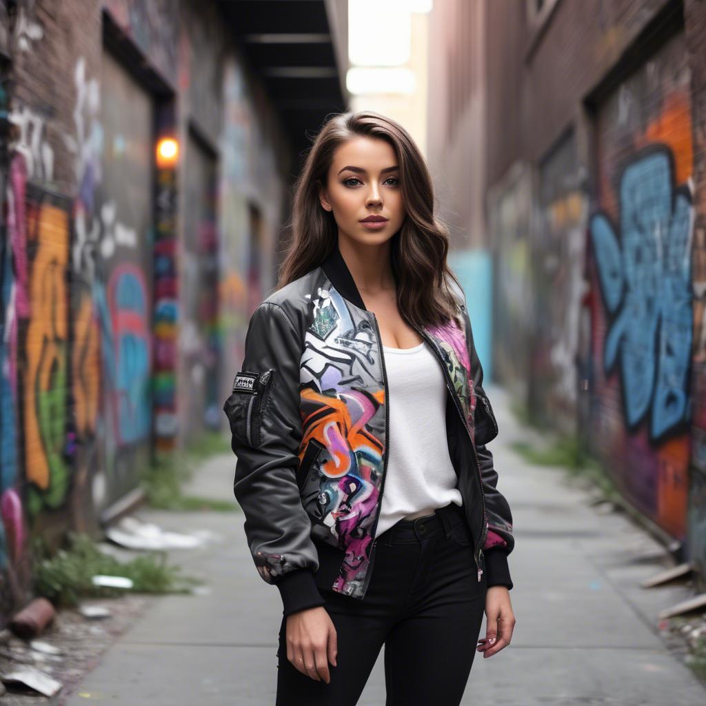 A stunning image of stylish girl with a bomber jacket in a graffiti alley.