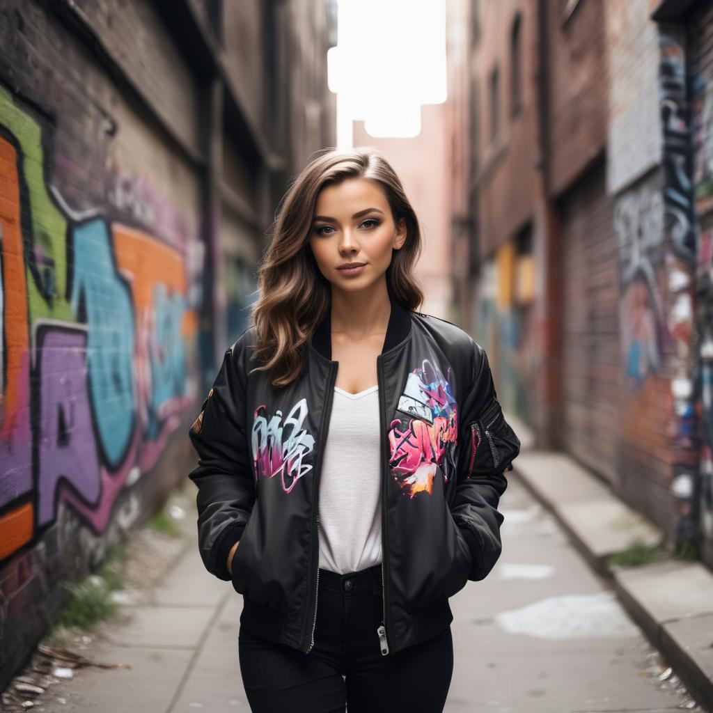 A stunning image of stylish girl with a bomber jacket in a graffiti alley.