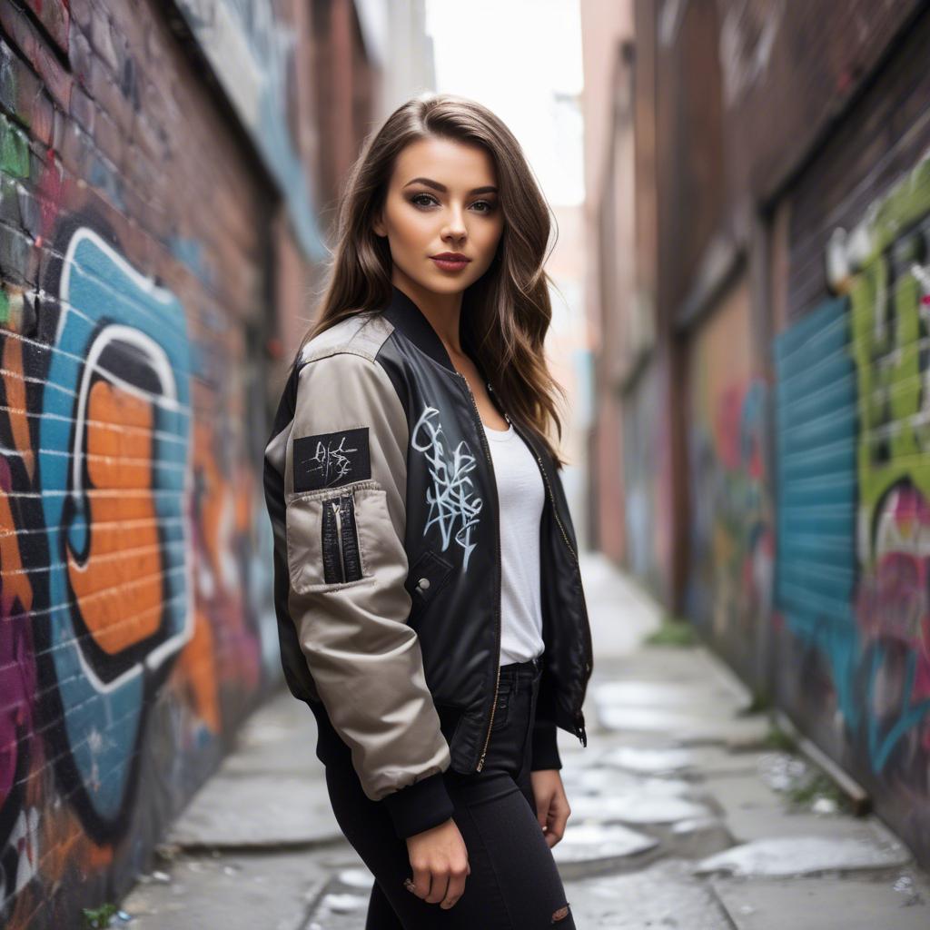 A stunning image of stylish girl with a bomber jacket in a graffiti alley.