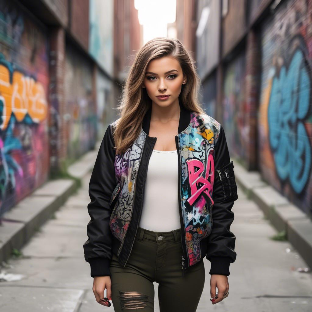 A stunning image of stylish girl with a bomber jacket in a graffiti alley.